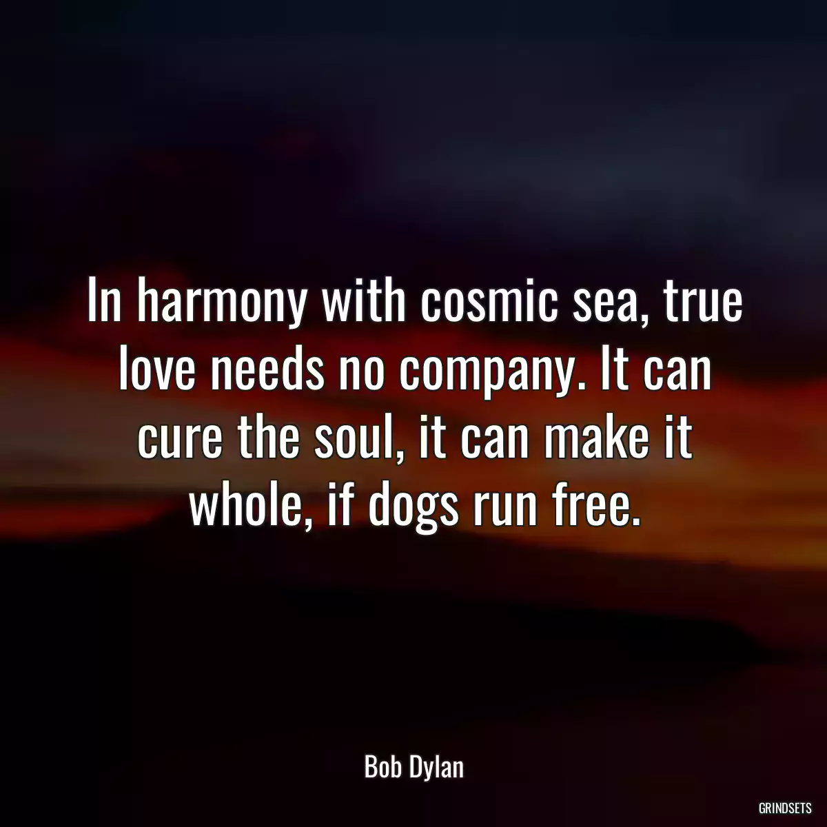 In harmony with cosmic sea, true love needs no company. It can cure the soul, it can make it whole, if dogs run free.