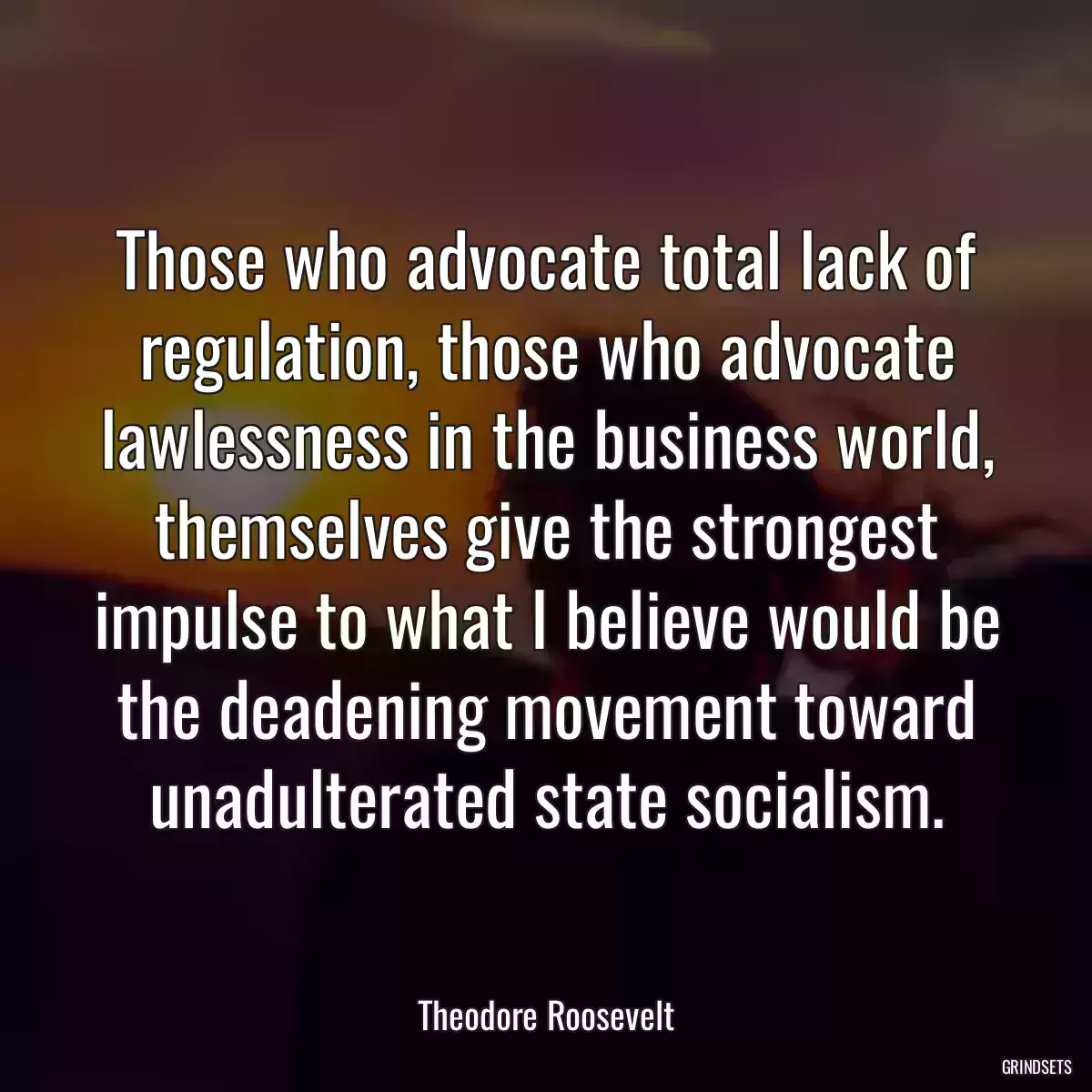 Those who advocate total lack of regulation, those who advocate lawlessness in the business world, themselves give the strongest impulse to what I believe would be the deadening movement toward unadulterated state socialism.