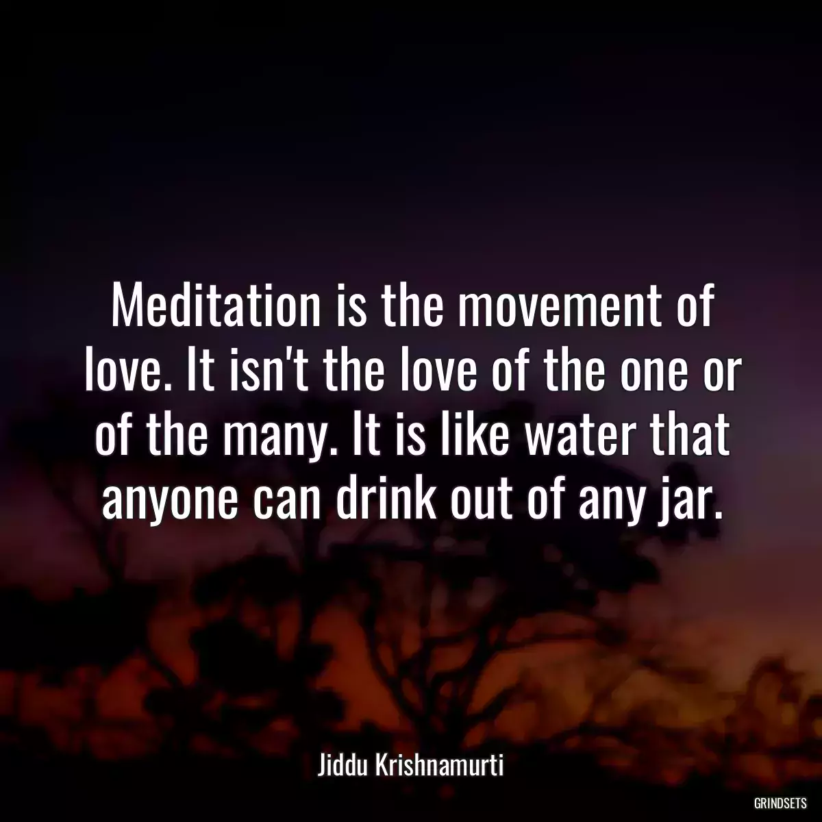 Meditation is the movement of love. It isn\'t the love of the one or of the many. It is like water that anyone can drink out of any jar.