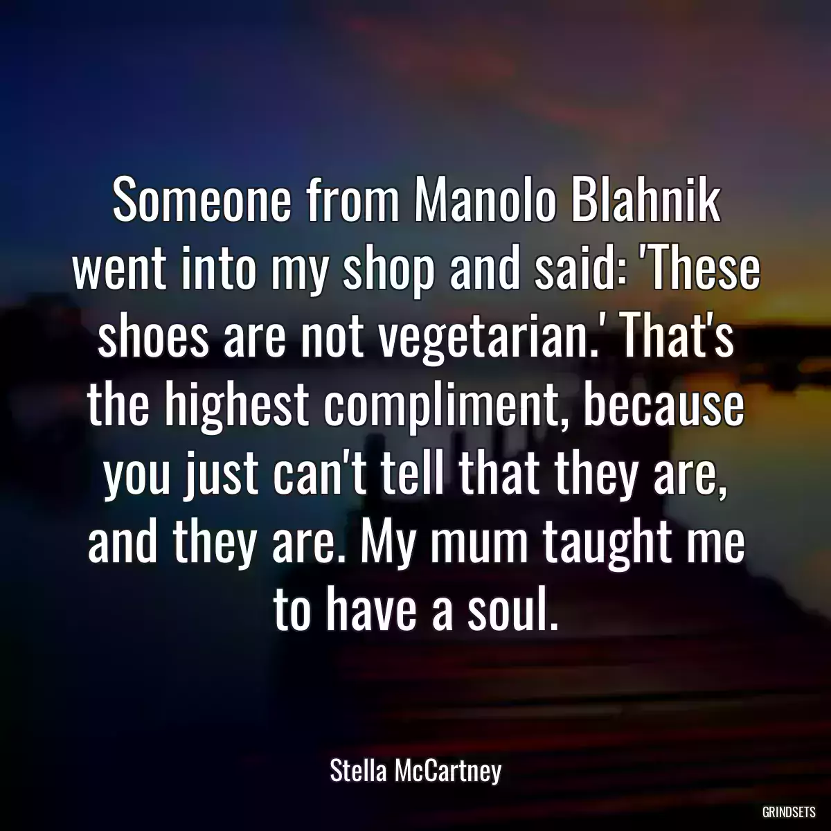 Someone from Manolo Blahnik went into my shop and said: \'These shoes are not vegetarian.\' That\'s the highest compliment, because you just can\'t tell that they are, and they are. My mum taught me to have a soul.