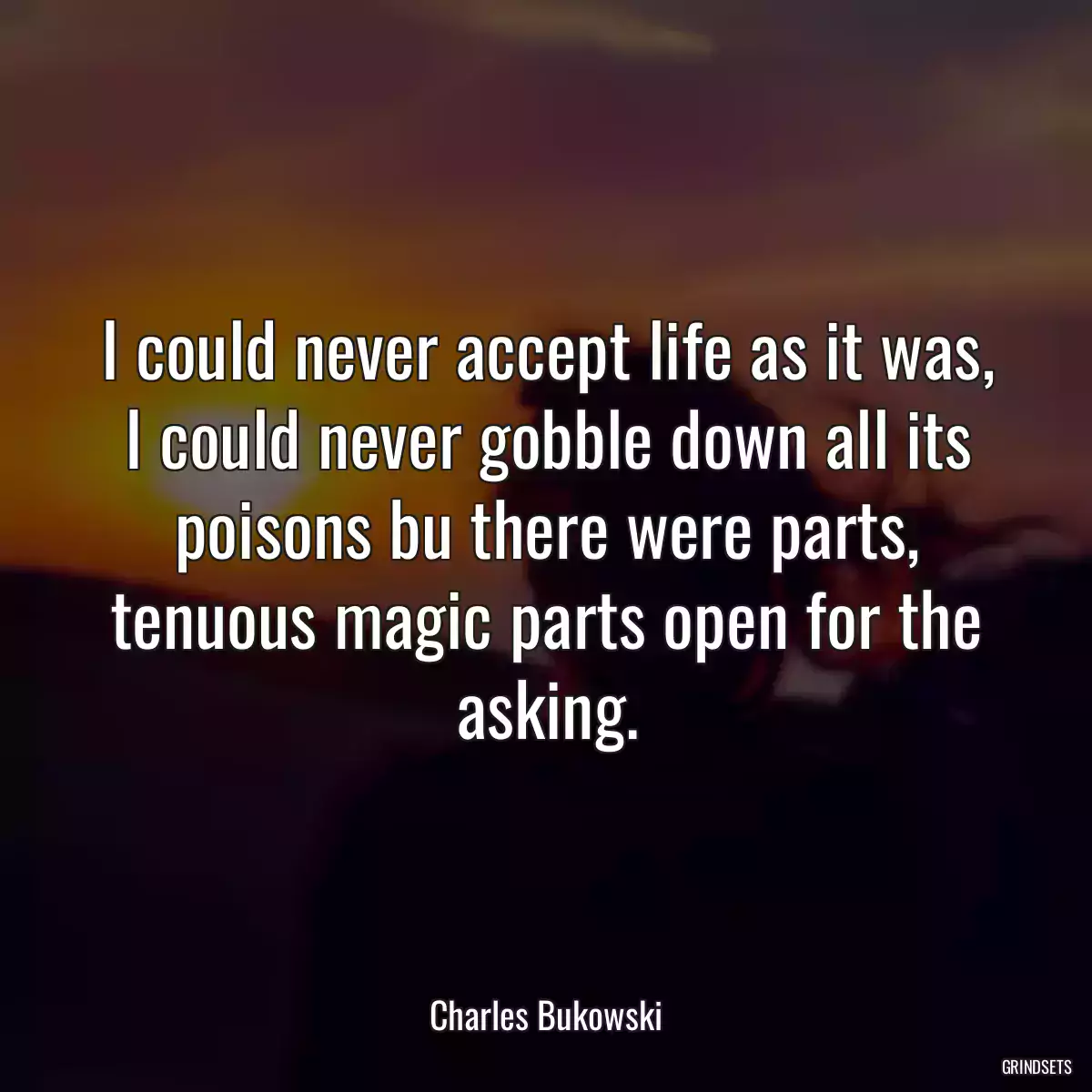 I could never accept life as it was, I could never gobble down all its poisons bu there were parts, tenuous magic parts open for the asking.