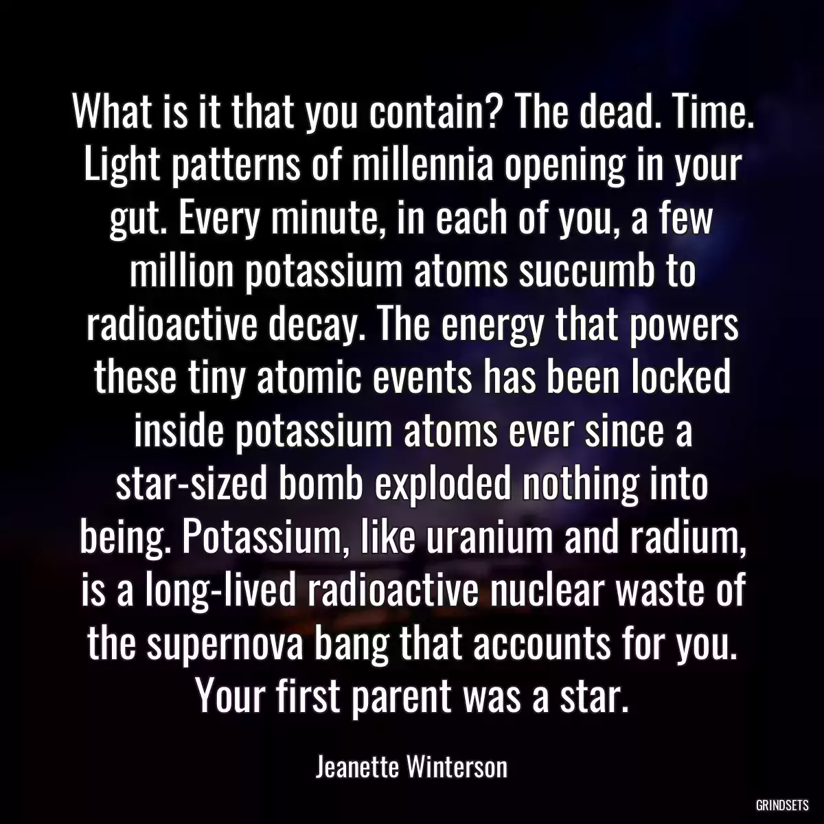 What is it that you contain? The dead. Time. Light patterns of millennia opening in your gut. Every minute, in each of you, a few million potassium atoms succumb to radioactive decay. The energy that powers these tiny atomic events has been locked inside potassium atoms ever since a star-sized bomb exploded nothing into being. Potassium, like uranium and radium, is a long-lived radioactive nuclear waste of the supernova bang that accounts for you. Your first parent was a star.