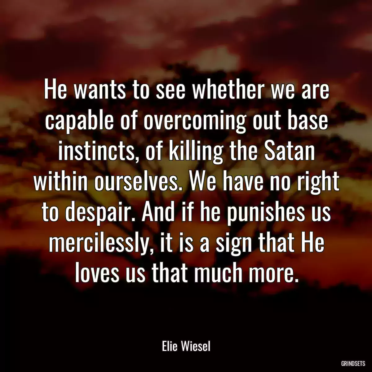 He wants to see whether we are capable of overcoming out base instincts, of killing the Satan within ourselves. We have no right to despair. And if he punishes us mercilessly, it is a sign that He loves us that much more.