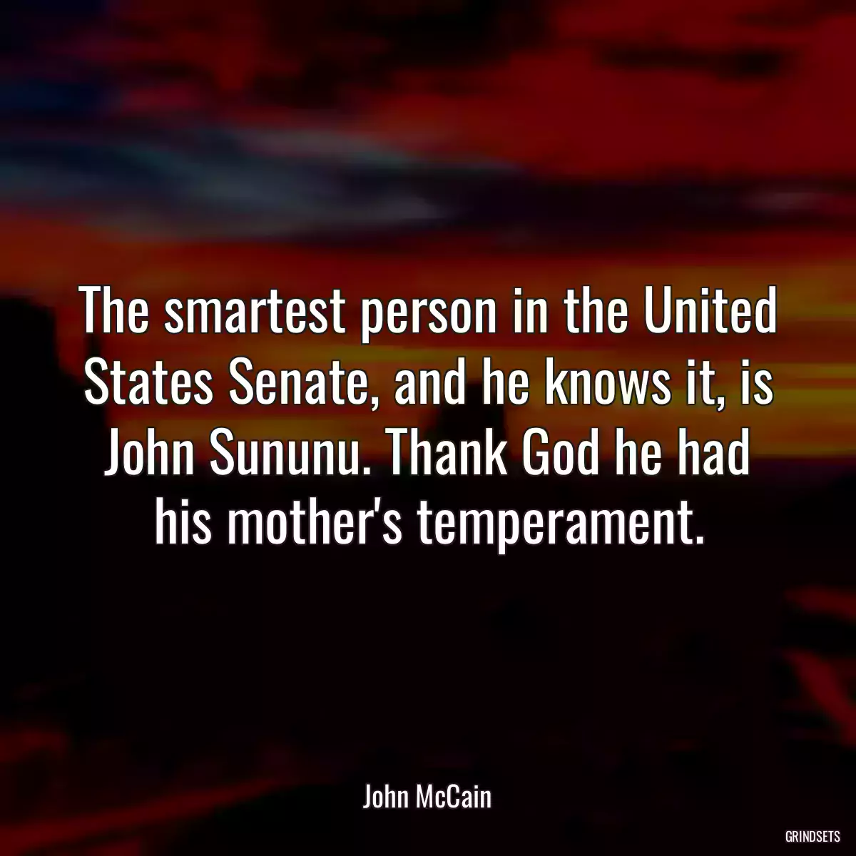 The smartest person in the United States Senate, and he knows it, is John Sununu. Thank God he had his mother\'s temperament.