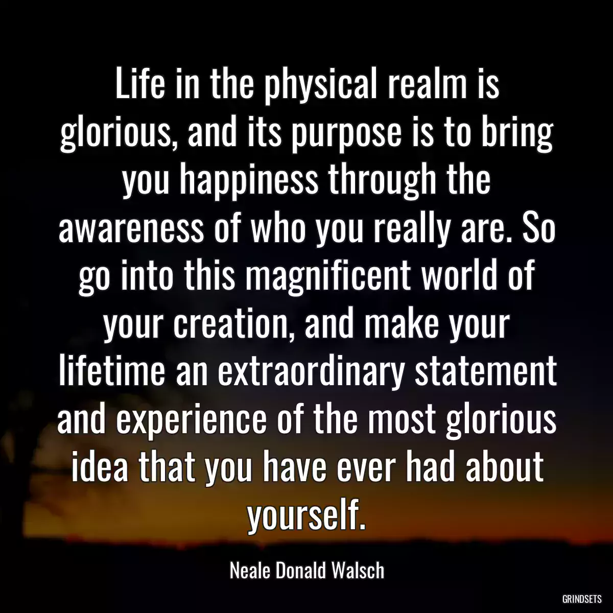 Life in the physical realm is glorious, and its purpose is to bring you happiness through the awareness of who you really are. So go into this magnificent world of your creation, and make your lifetime an extraordinary statement and experience of the most glorious idea that you have ever had about yourself.