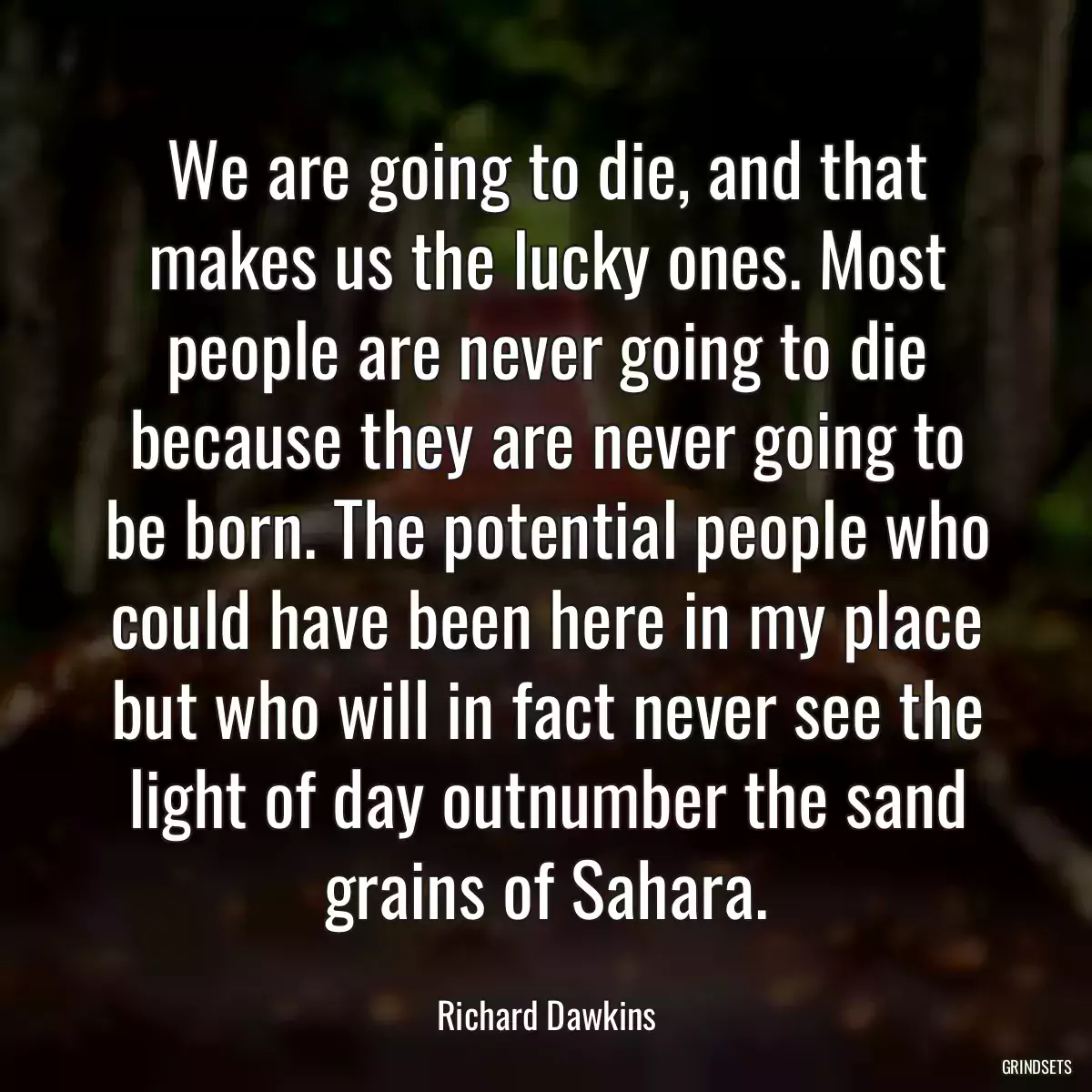 We are going to die, and that makes us the lucky ones. Most people are never going to die because they are never going to be born. The potential people who could have been here in my place but who will in fact never see the light of day outnumber the sand grains of Sahara.