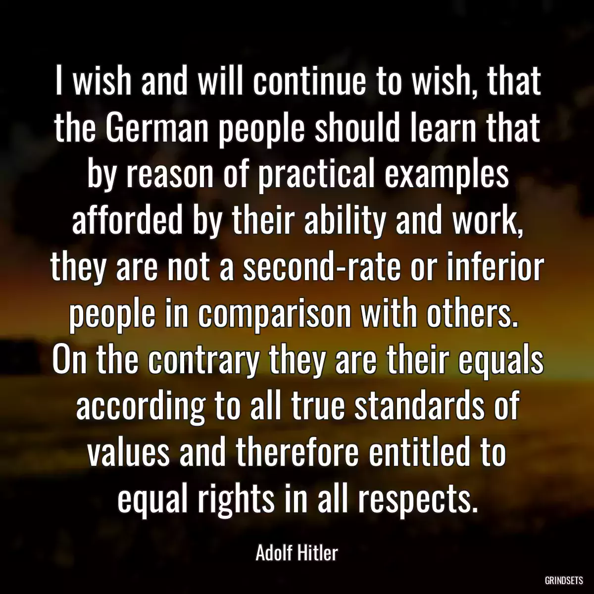 I wish and will continue to wish, that the German people should learn that by reason of practical examples afforded by their ability and work, they are not a second-rate or inferior people in comparison with others.  On the contrary they are their equals according to all true standards of values and therefore entitled to equal rights in all respects.