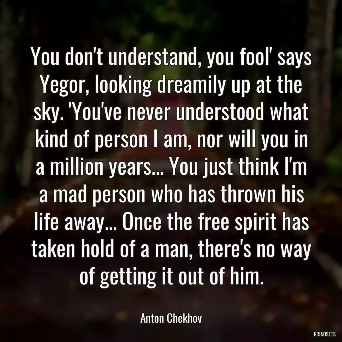 You don\'t understand, you fool\' says Yegor, looking dreamily up at the sky. \'You\'ve never understood what kind of person I am, nor will you in a million years... You just think I\'m a mad person who has thrown his life away... Once the free spirit has taken hold of a man, there\'s no way of getting it out of him.