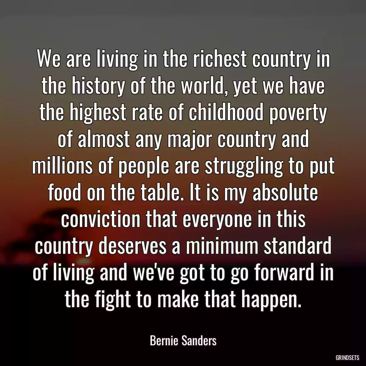 We are living in the richest country in the history of the world, yet we have the highest rate of childhood poverty of almost any major country and millions of people are struggling to put food on the table. It is my absolute conviction that everyone in this country deserves a minimum standard of living and we\'ve got to go forward in the fight to make that happen.