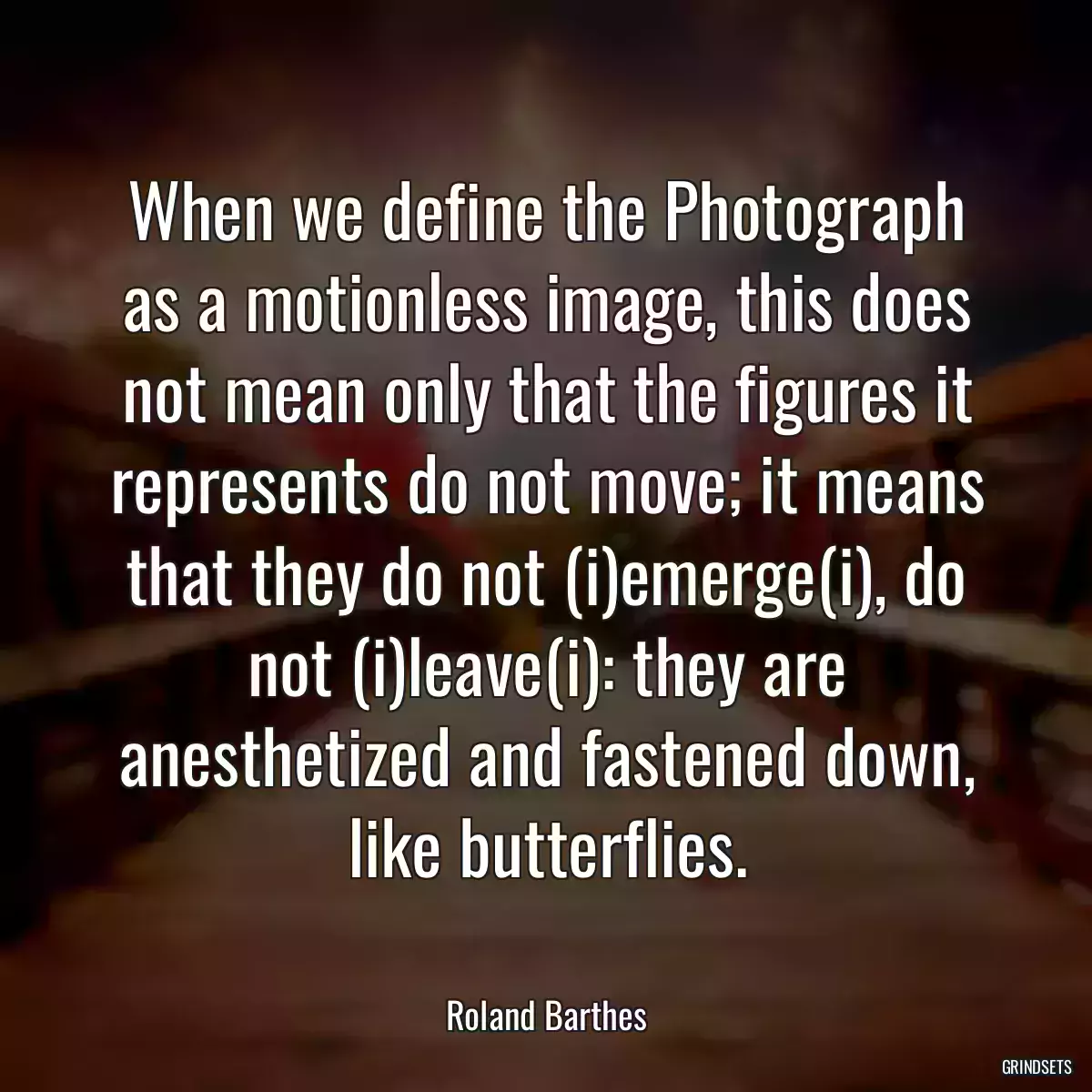 When we define the Photograph as a motionless image, this does not mean only that the figures it represents do not move; it means that they do not (i)emerge(i), do not (i)leave(i): they are anesthetized and fastened down, like butterflies.