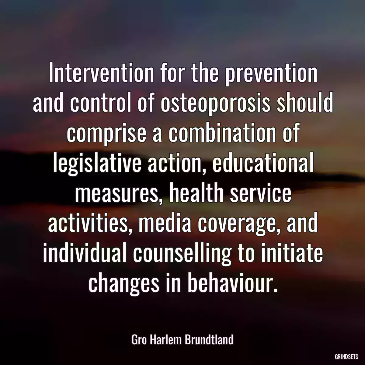 Intervention for the prevention and control of osteoporosis should comprise a combination of legislative action, educational measures, health service activities, media coverage, and individual counselling to initiate changes in behaviour.