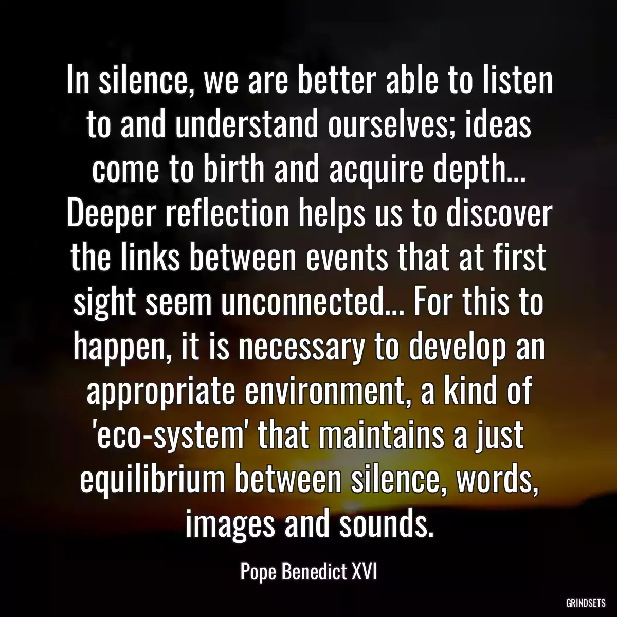 In silence, we are better able to listen to and understand ourselves; ideas come to birth and acquire depth... Deeper reflection helps us to discover the links between events that at first sight seem unconnected... For this to happen, it is necessary to develop an appropriate environment, a kind of \'eco-system\' that maintains a just equilibrium between silence, words, images and sounds.