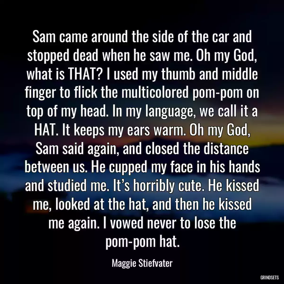 Sam came around the side of the car and stopped dead when he saw me. Oh my God, what is THAT? I used my thumb and middle finger to flick the multicolored pom-pom on top of my head. In my language, we call it a HAT. It keeps my ears warm. Oh my God, Sam said again, and closed the distance between us. He cupped my face in his hands and studied me. It’s horribly cute. He kissed me, looked at the hat, and then he kissed me again. I vowed never to lose the pom-pom hat.