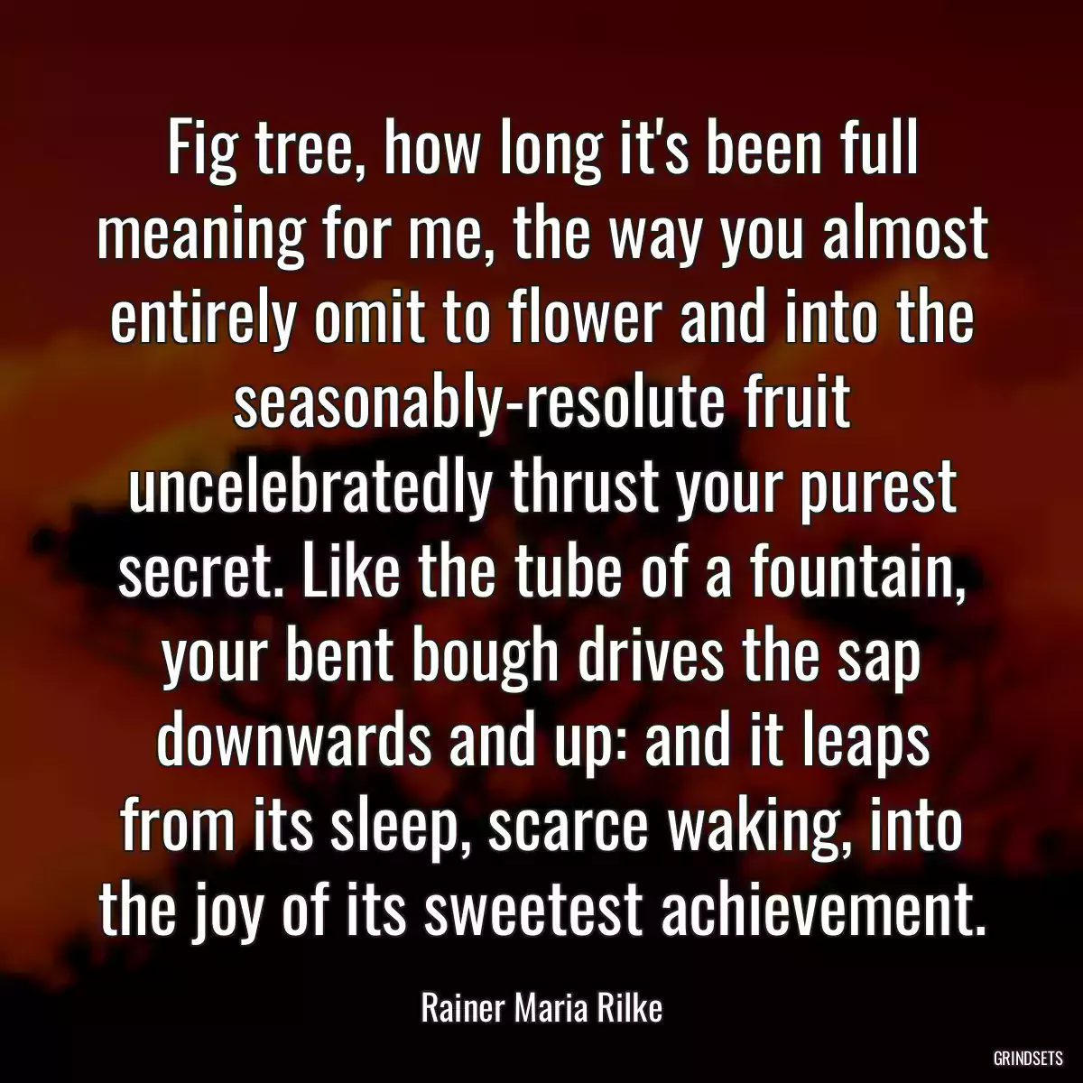 Fig tree, how long it\'s been full meaning for me, the way you almost entirely omit to flower and into the seasonably-resolute fruit uncelebratedly thrust your purest secret. Like the tube of a fountain, your bent bough drives the sap downwards and up: and it leaps from its sleep, scarce waking, into the joy of its sweetest achievement.