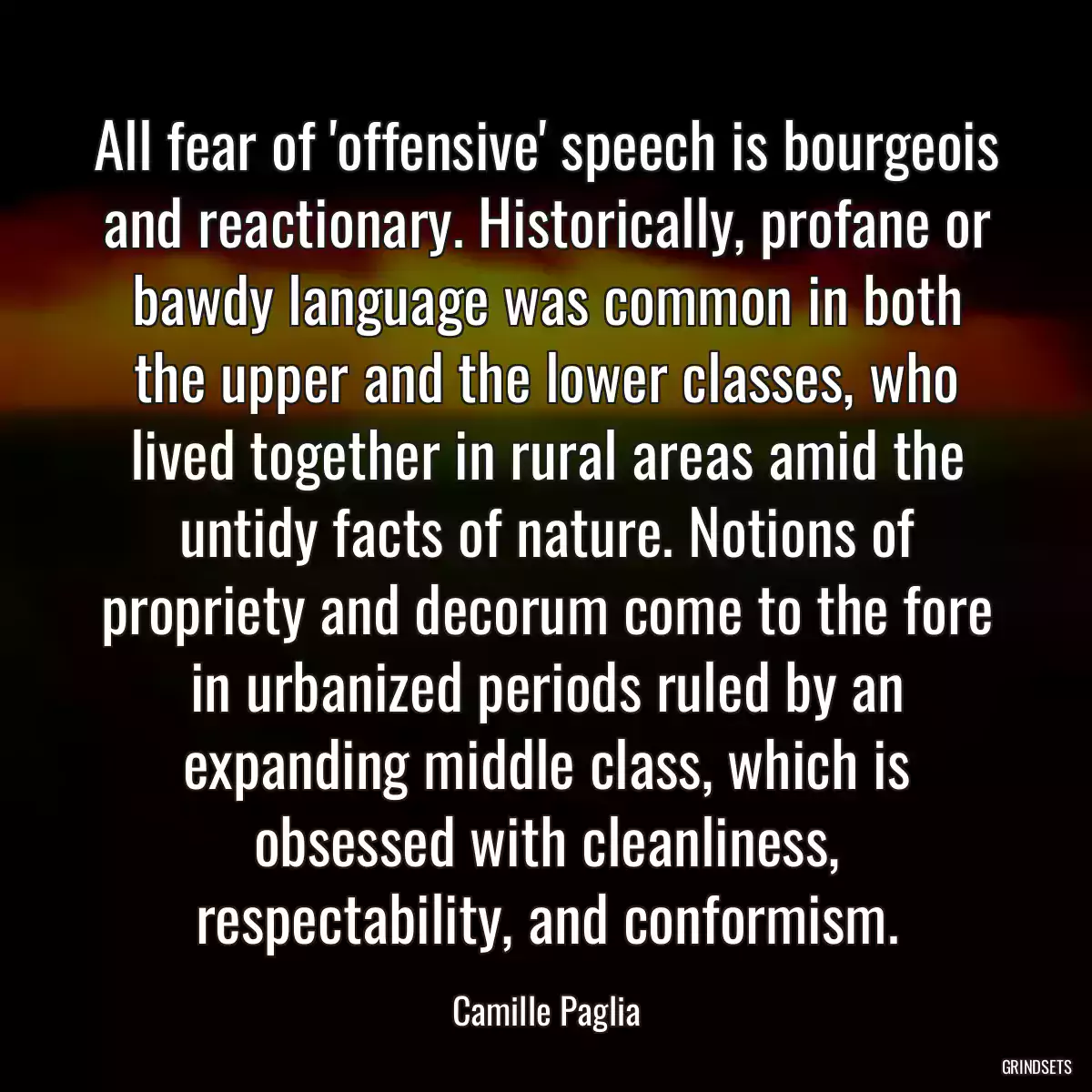 All fear of \'offensive\' speech is bourgeois and reactionary. Historically, profane or bawdy language was common in both the upper and the lower classes, who lived together in rural areas amid the untidy facts of nature. Notions of propriety and decorum come to the fore in urbanized periods ruled by an expanding middle class, which is obsessed with cleanliness, respectability, and conformism.