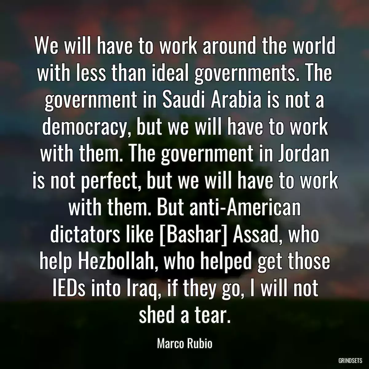 We will have to work around the world with less than ideal governments. The government in Saudi Arabia is not a democracy, but we will have to work with them. The government in Jordan is not perfect, but we will have to work with them. But anti-American dictators like [Bashar] Assad, who help Hezbollah, who helped get those IEDs into Iraq, if they go, I will not shed a tear.