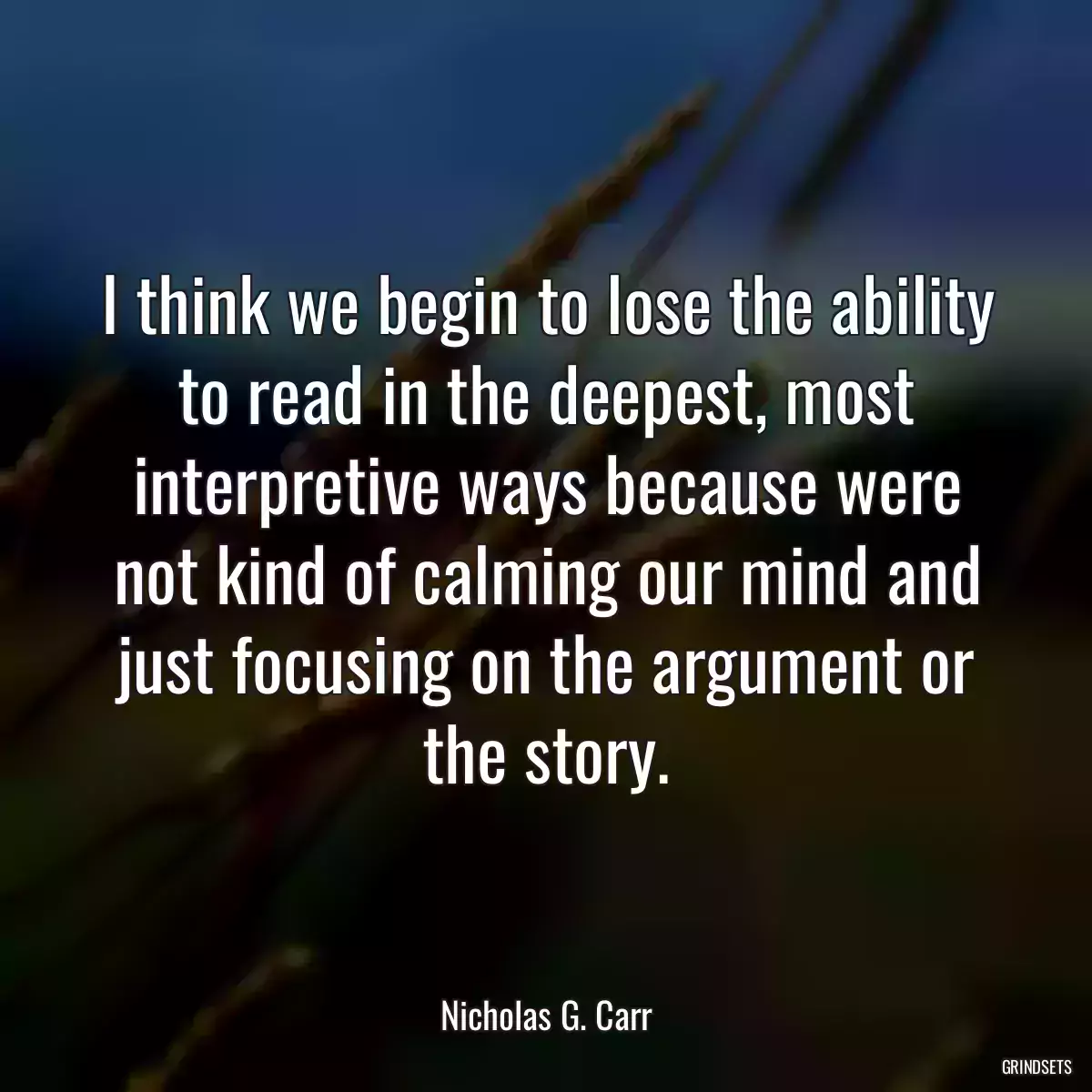 I think we begin to lose the ability to read in the deepest, most interpretive ways because were not kind of calming our mind and just focusing on the argument or the story.