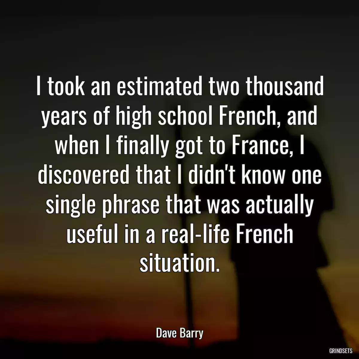 I took an estimated two thousand years of high school French, and when I finally got to France, I discovered that I didn\'t know one single phrase that was actually useful in a real-life French situation.