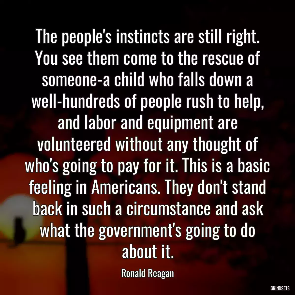 The people\'s instincts are still right. You see them come to the rescue of someone-a child who falls down a well-hundreds of people rush to help, and labor and equipment are volunteered without any thought of who\'s going to pay for it. This is a basic feeling in Americans. They don\'t stand back in such a circumstance and ask what the government\'s going to do about it.