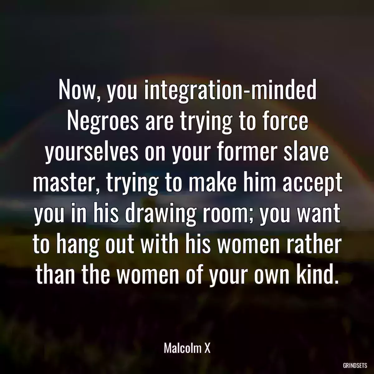 Now, you integration-minded Negroes are trying to force yourselves on your former slave master, trying to make him accept you in his drawing room; you want to hang out with his women rather than the women of your own kind.