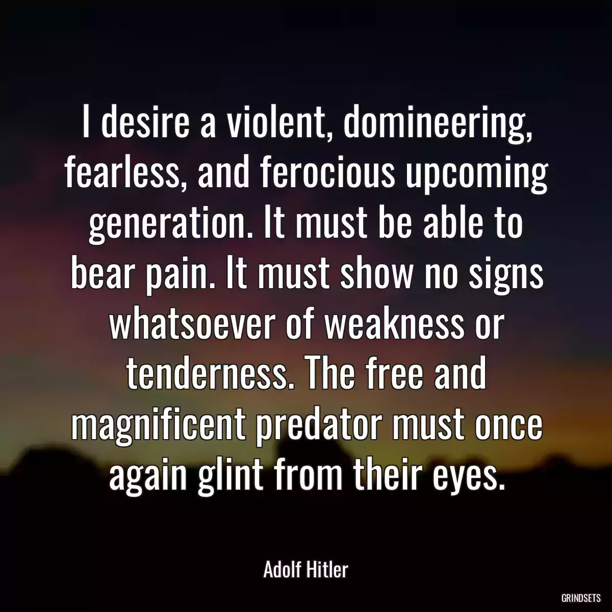 I desire a violent, domineering, fearless, and ferocious upcoming generation. It must be able to bear pain. It must show no signs whatsoever of weakness or tenderness. The free and magnificent predator must once again glint from their eyes.