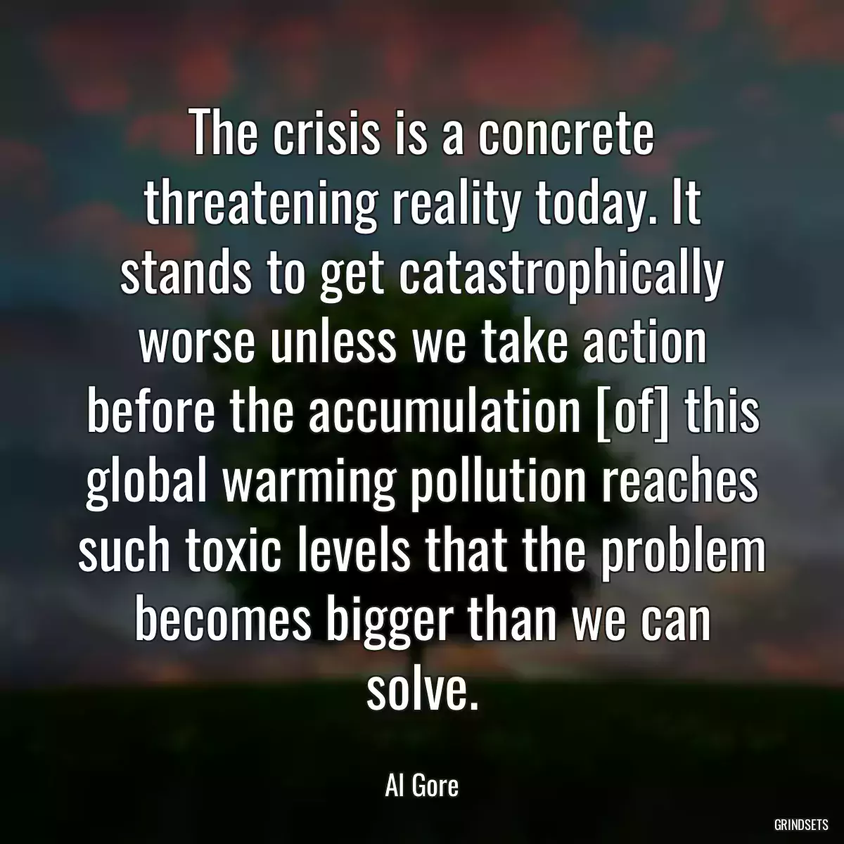 The crisis is a concrete threatening reality today. It stands to get catastrophically worse unless we take action before the accumulation [of] this global warming pollution reaches such toxic levels that the problem becomes bigger than we can solve.