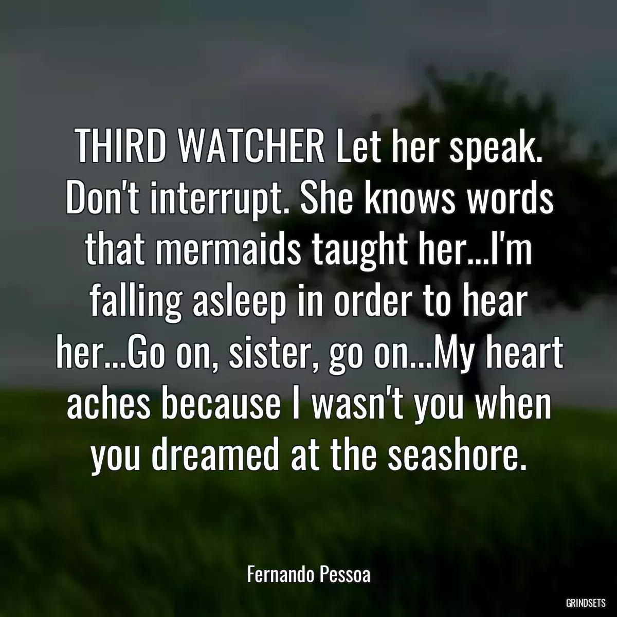 THIRD WATCHER Let her speak. Don\'t interrupt. She knows words that mermaids taught her...I\'m falling asleep in order to hear her...Go on, sister, go on...My heart aches because I wasn\'t you when you dreamed at the seashore.