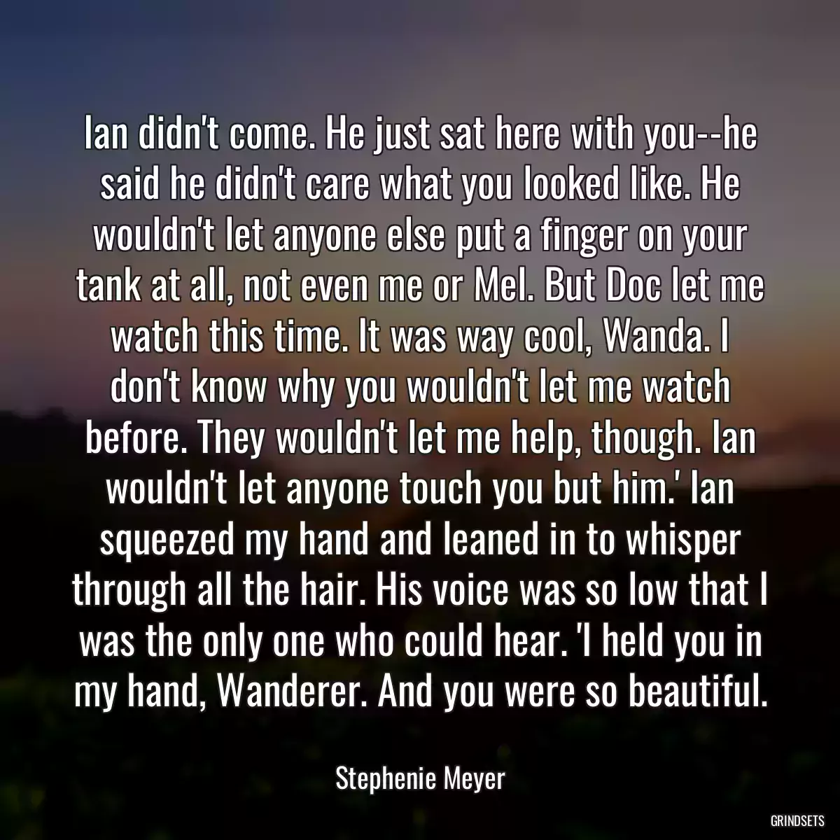 Ian didn\'t come. He just sat here with you--he said he didn\'t care what you looked like. He wouldn\'t let anyone else put a finger on your tank at all, not even me or Mel. But Doc let me watch this time. It was way cool, Wanda. I don\'t know why you wouldn\'t let me watch before. They wouldn\'t let me help, though. Ian wouldn\'t let anyone touch you but him.\' Ian squeezed my hand and leaned in to whisper through all the hair. His voice was so low that I was the only one who could hear. \'I held you in my hand, Wanderer. And you were so beautiful.