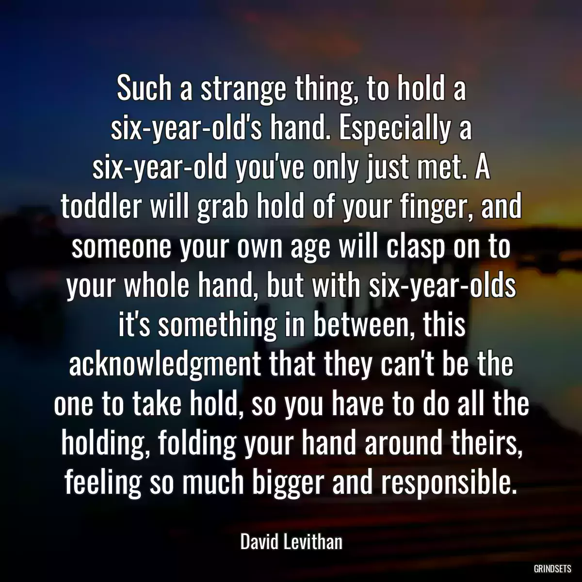 Such a strange thing, to hold a six-year-old\'s hand. Especially a six-year-old you\'ve only just met. A toddler will grab hold of your finger, and someone your own age will clasp on to your whole hand, but with six-year-olds it\'s something in between, this acknowledgment that they can\'t be the one to take hold, so you have to do all the holding, folding your hand around theirs, feeling so much bigger and responsible.