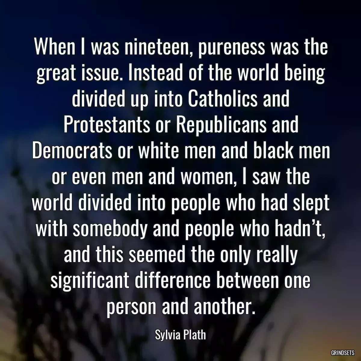 When I was nineteen, pureness was the great issue. Instead of the world being divided up into Catholics and Protestants or Republicans and Democrats or white men and black men or even men and women, I saw the world divided into people who had slept with somebody and people who hadn’t, and this seemed the only really significant difference between one person and another.