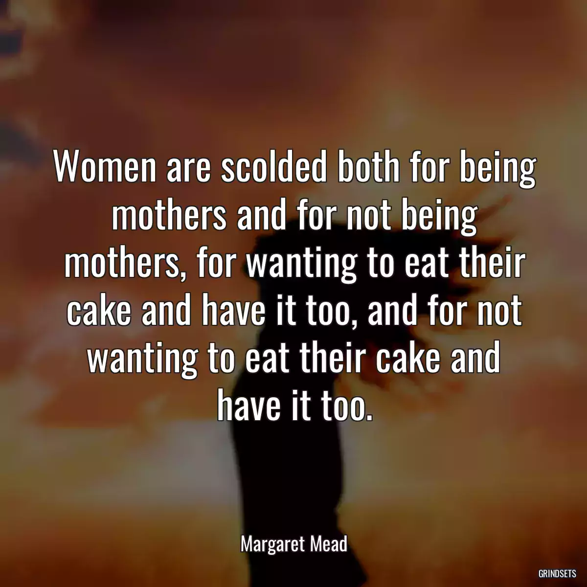 Women are scolded both for being mothers and for not being mothers, for wanting to eat their cake and have it too, and for not wanting to eat their cake and have it too.