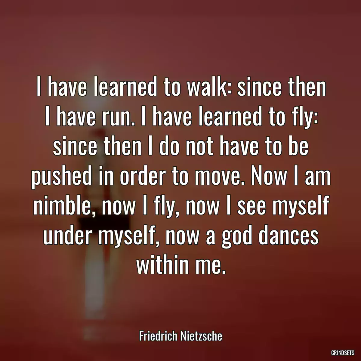 I have learned to walk: since then I have run. I have learned to fly: since then I do not have to be pushed in order to move. Now I am nimble, now I fly, now I see myself under myself, now a god dances within me.