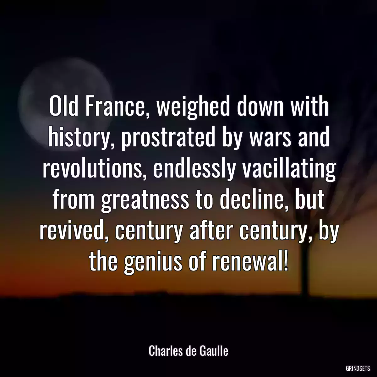 Old France, weighed down with history, prostrated by wars and revolutions, endlessly vacillating from greatness to decline, but revived, century after century, by the genius of renewal!