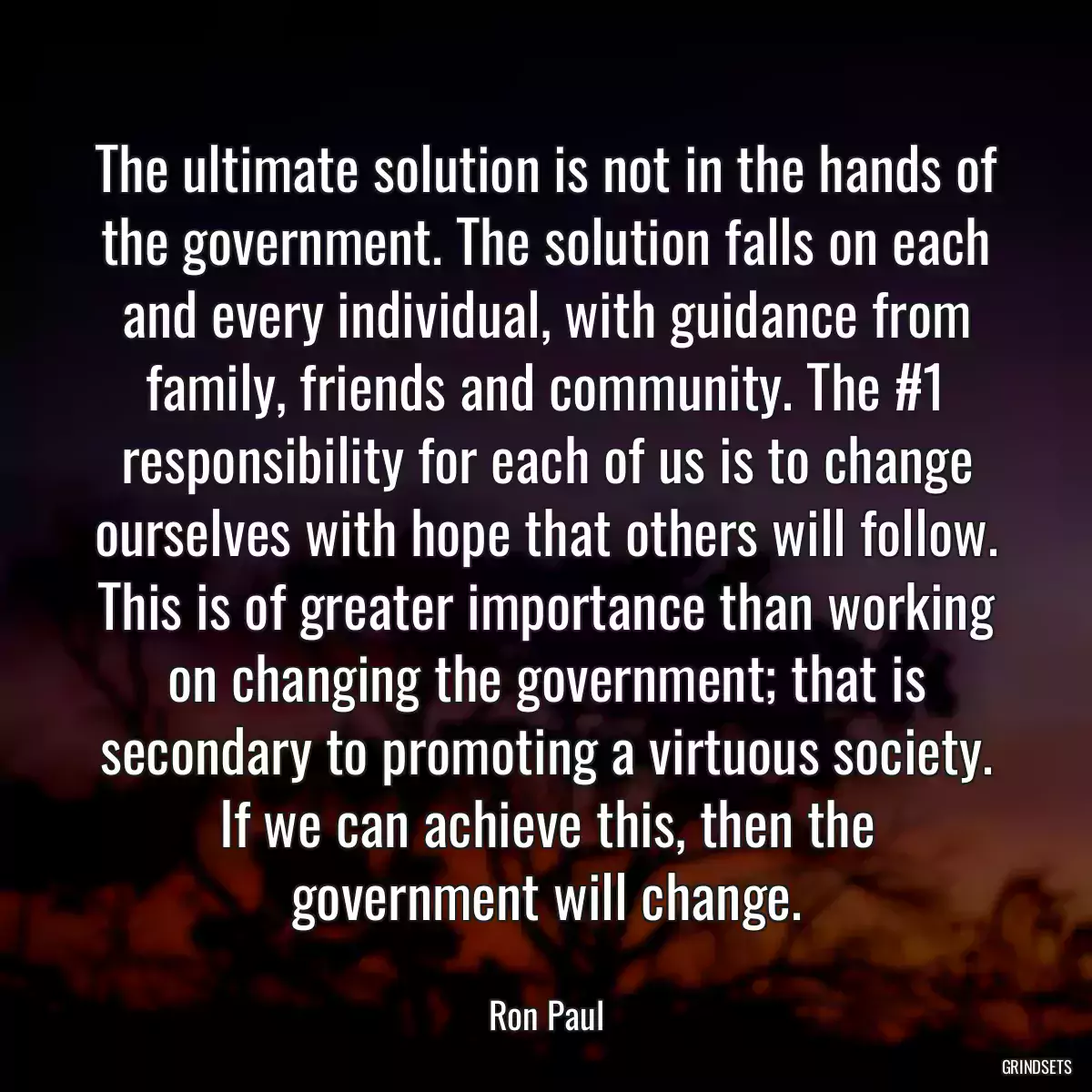 The ultimate solution is not in the hands of the government. The solution falls on each and every individual, with guidance from family, friends and community. The #1 responsibility for each of us is to change ourselves with hope that others will follow. This is of greater importance than working on changing the government; that is secondary to promoting a virtuous society. If we can achieve this, then the government will change.