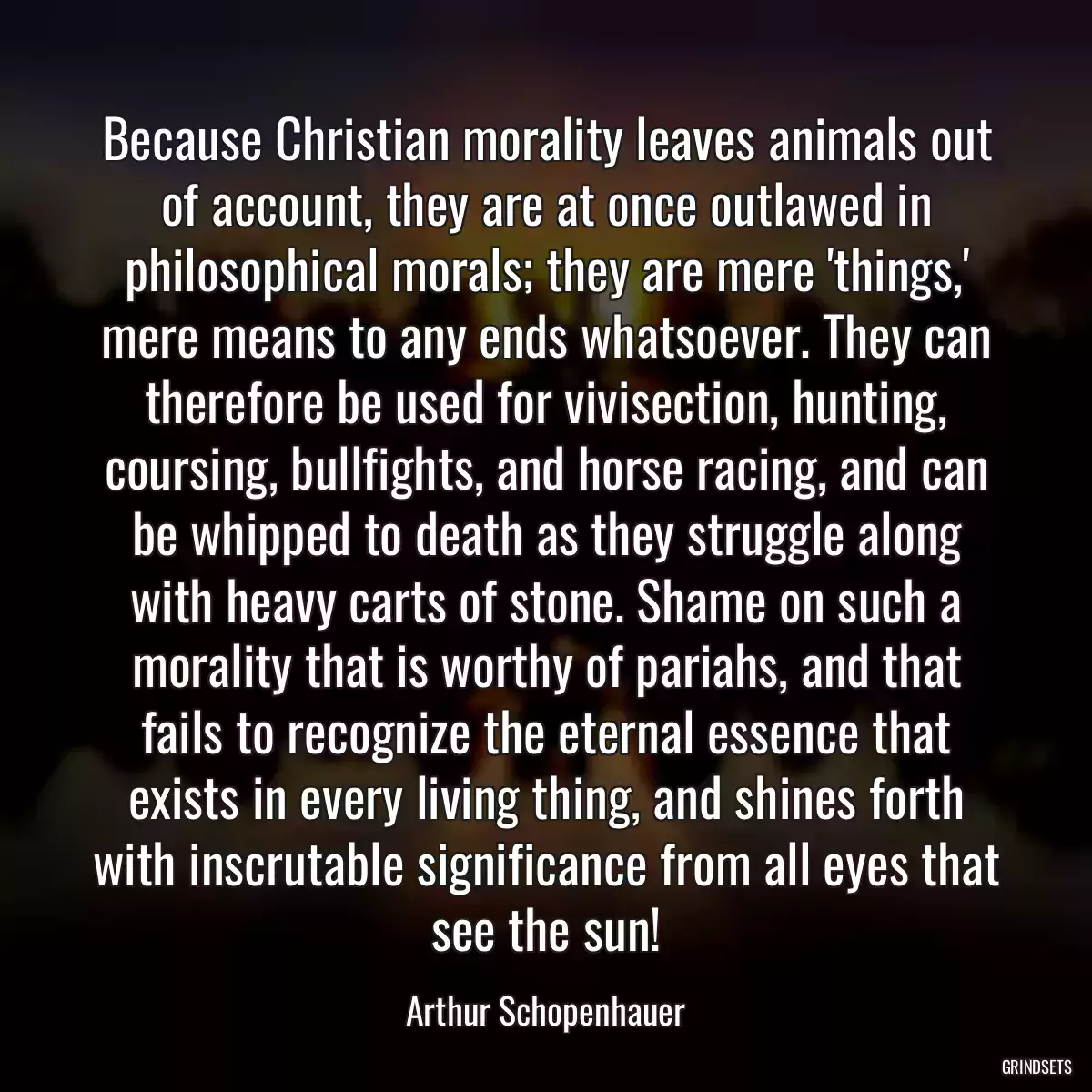 Because Christian morality leaves animals out of account, they are at once outlawed in philosophical morals; they are mere \'things,\' mere means to any ends whatsoever. They can therefore be used for vivisection, hunting, coursing, bullfights, and horse racing, and can be whipped to death as they struggle along with heavy carts of stone. Shame on such a morality that is worthy of pariahs, and that fails to recognize the eternal essence that exists in every living thing, and shines forth with inscrutable significance from all eyes that see the sun!