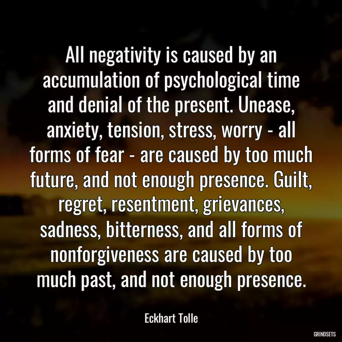 All negativity is caused by an accumulation of psychological time and denial of the present. Unease, anxiety, tension, stress, worry - all forms of fear - are caused by too much future, and not enough presence. Guilt, regret, resentment, grievances, sadness, bitterness, and all forms of nonforgiveness are caused by too much past, and not enough presence.