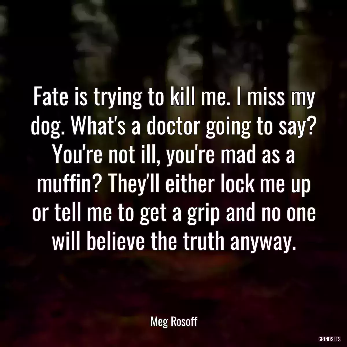 Fate is trying to kill me. I miss my dog. What\'s a doctor going to say? You\'re not ill, you\'re mad as a muffin? They\'ll either lock me up or tell me to get a grip and no one will believe the truth anyway.