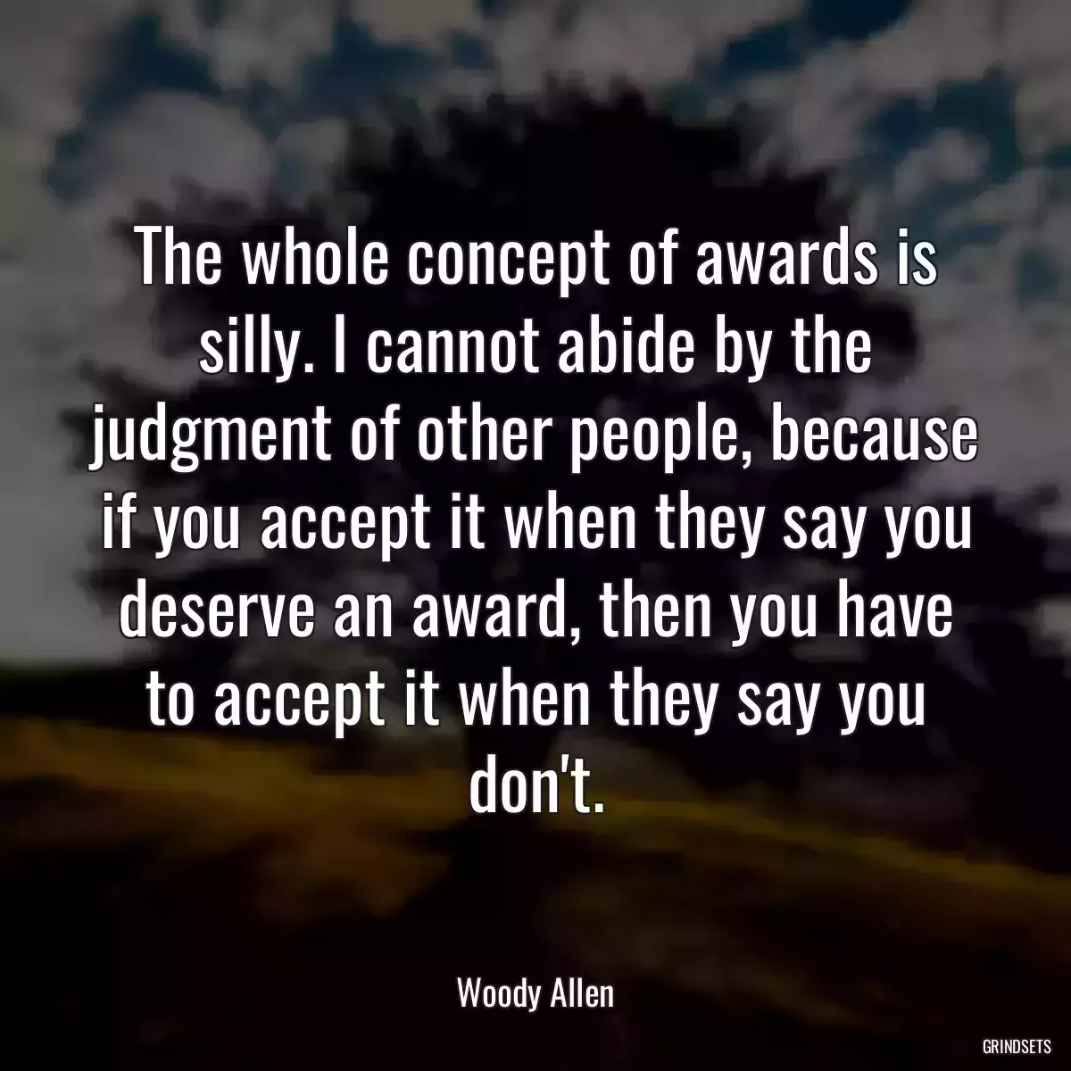 The whole concept of awards is silly. I cannot abide by the judgment of other people, because if you accept it when they say you deserve an award, then you have to accept it when they say you don\'t.