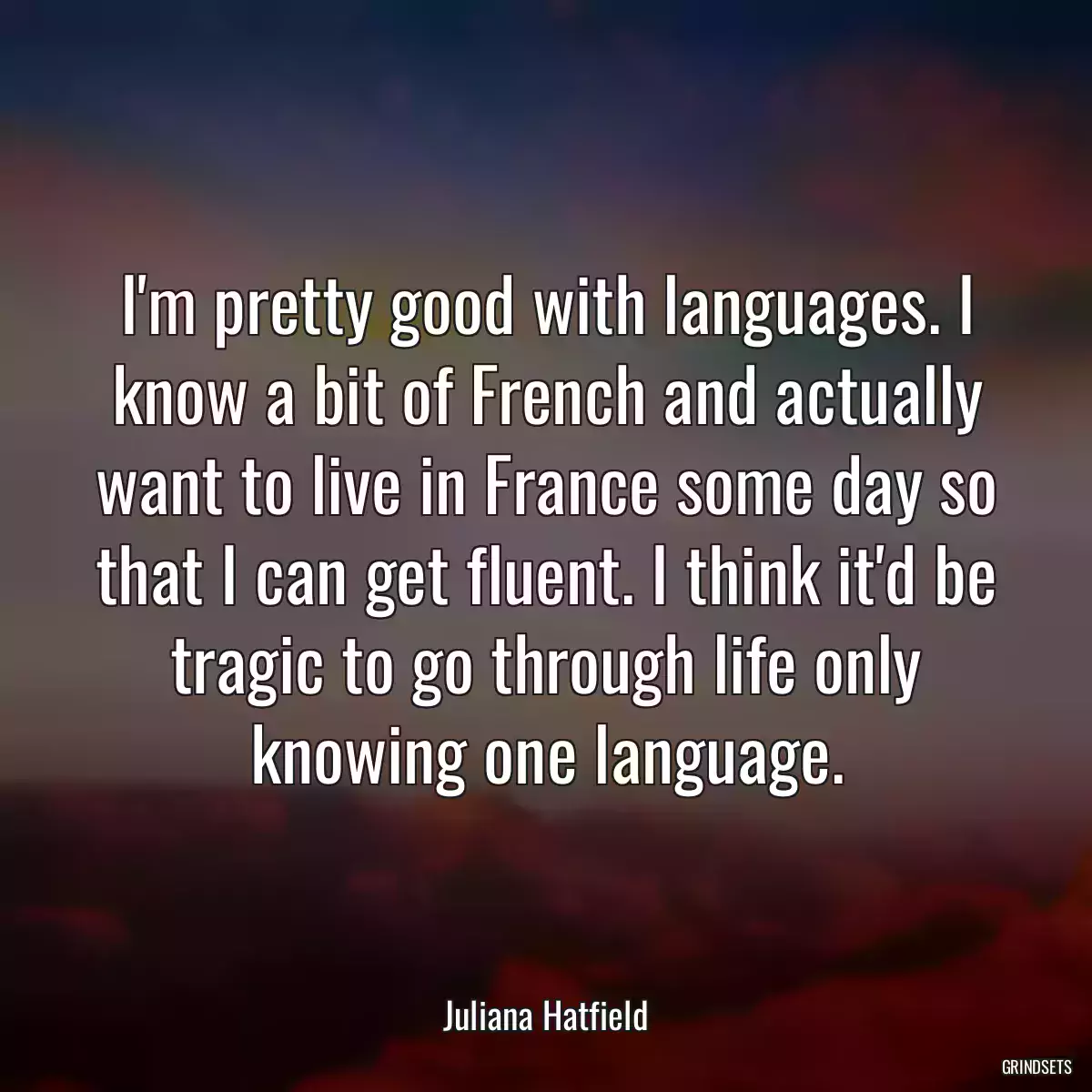 I\'m pretty good with languages. I know a bit of French and actually want to live in France some day so that I can get fluent. I think it\'d be tragic to go through life only knowing one language.