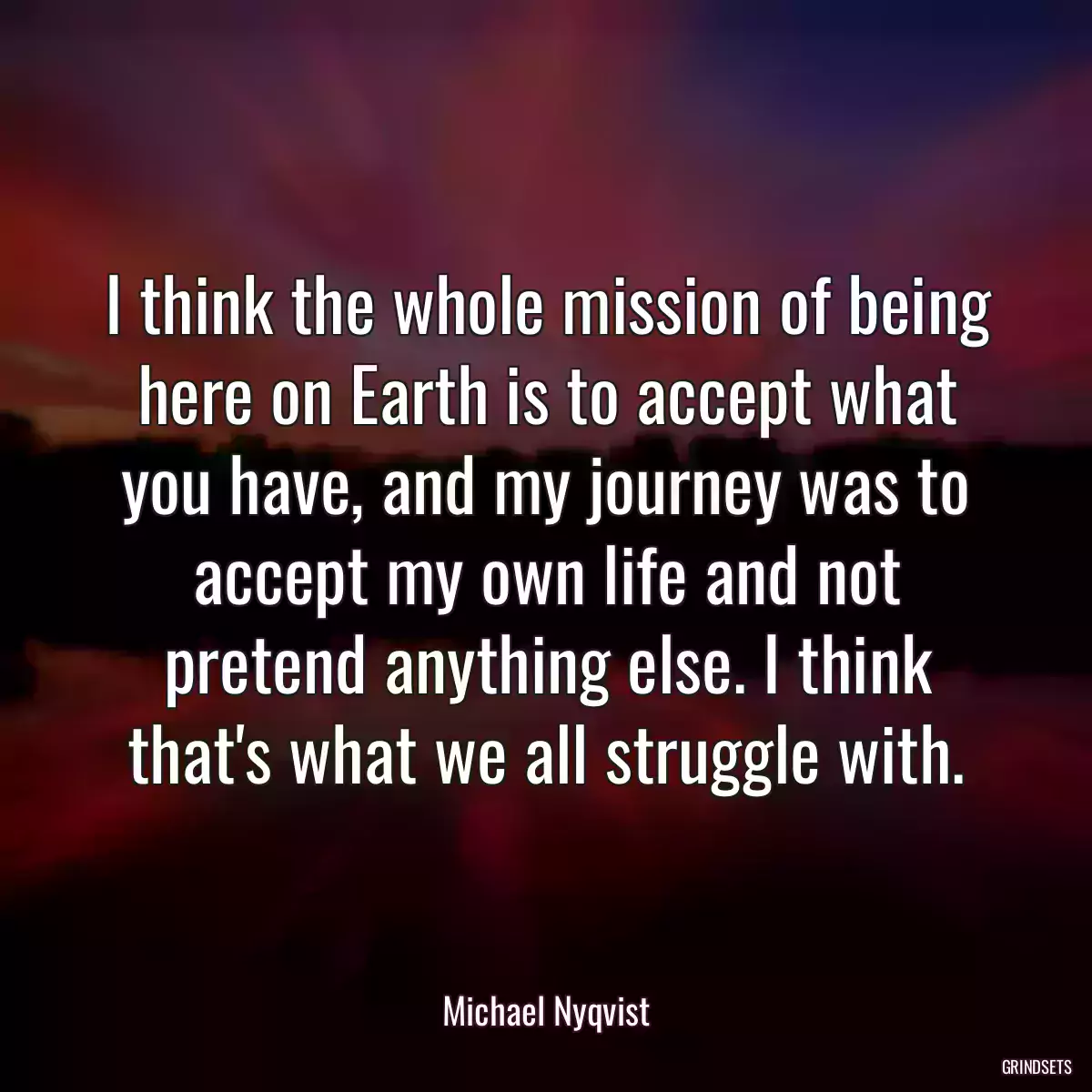 I think the whole mission of being here on Earth is to accept what you have, and my journey was to accept my own life and not pretend anything else. I think that\'s what we all struggle with.