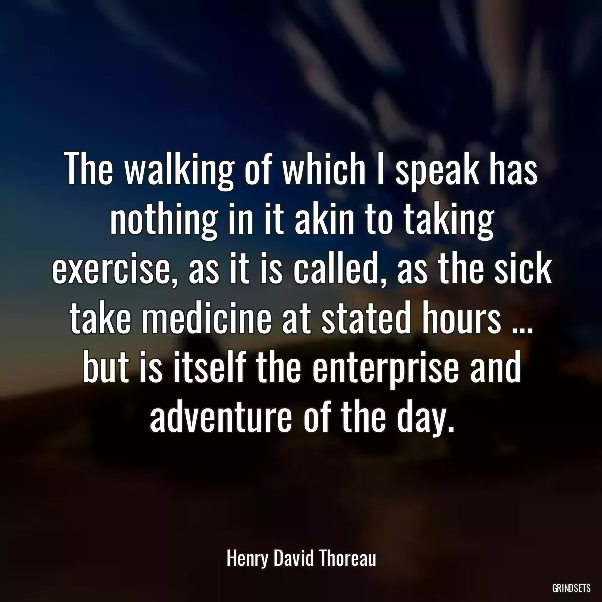 The walking of which I speak has nothing in it akin to taking exercise, as it is called, as the sick take medicine at stated hours ... but is itself the enterprise and adventure of the day.