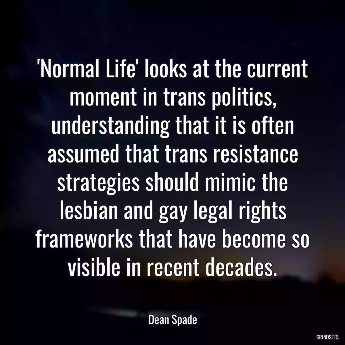 \'Normal Life\' looks at the current moment in trans politics, understanding that it is often assumed that trans resistance strategies should mimic the lesbian and gay legal rights frameworks that have become so visible in recent decades.