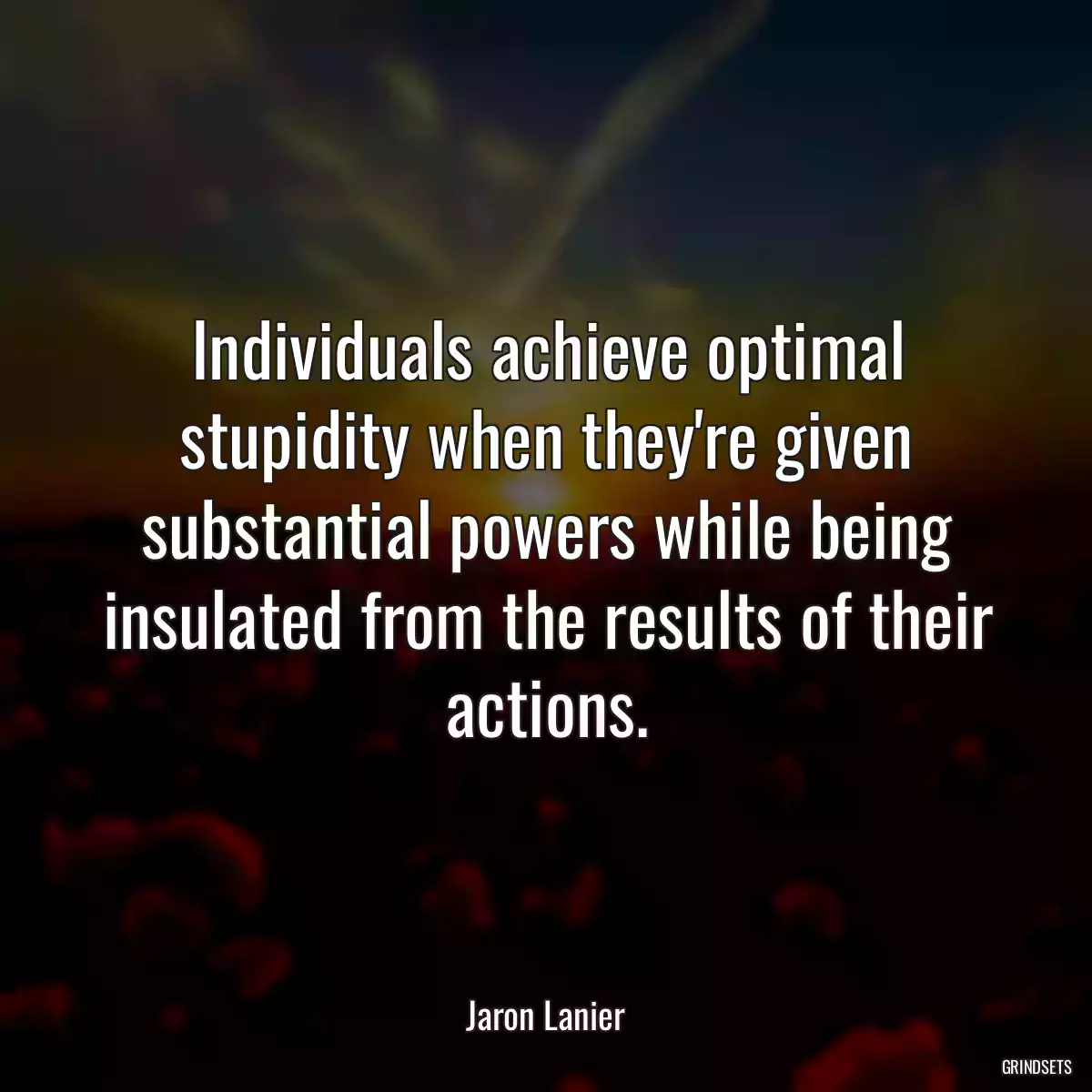 Individuals achieve optimal stupidity when they\'re given substantial powers while being insulated from the results of their actions.