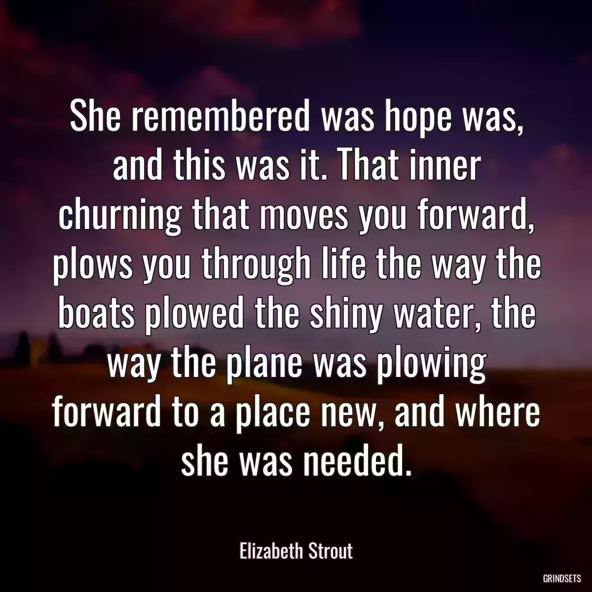 She remembered was hope was, and this was it. That inner churning that moves you forward, plows you through life the way the boats plowed the shiny water, the way the plane was plowing forward to a place new, and where she was needed.