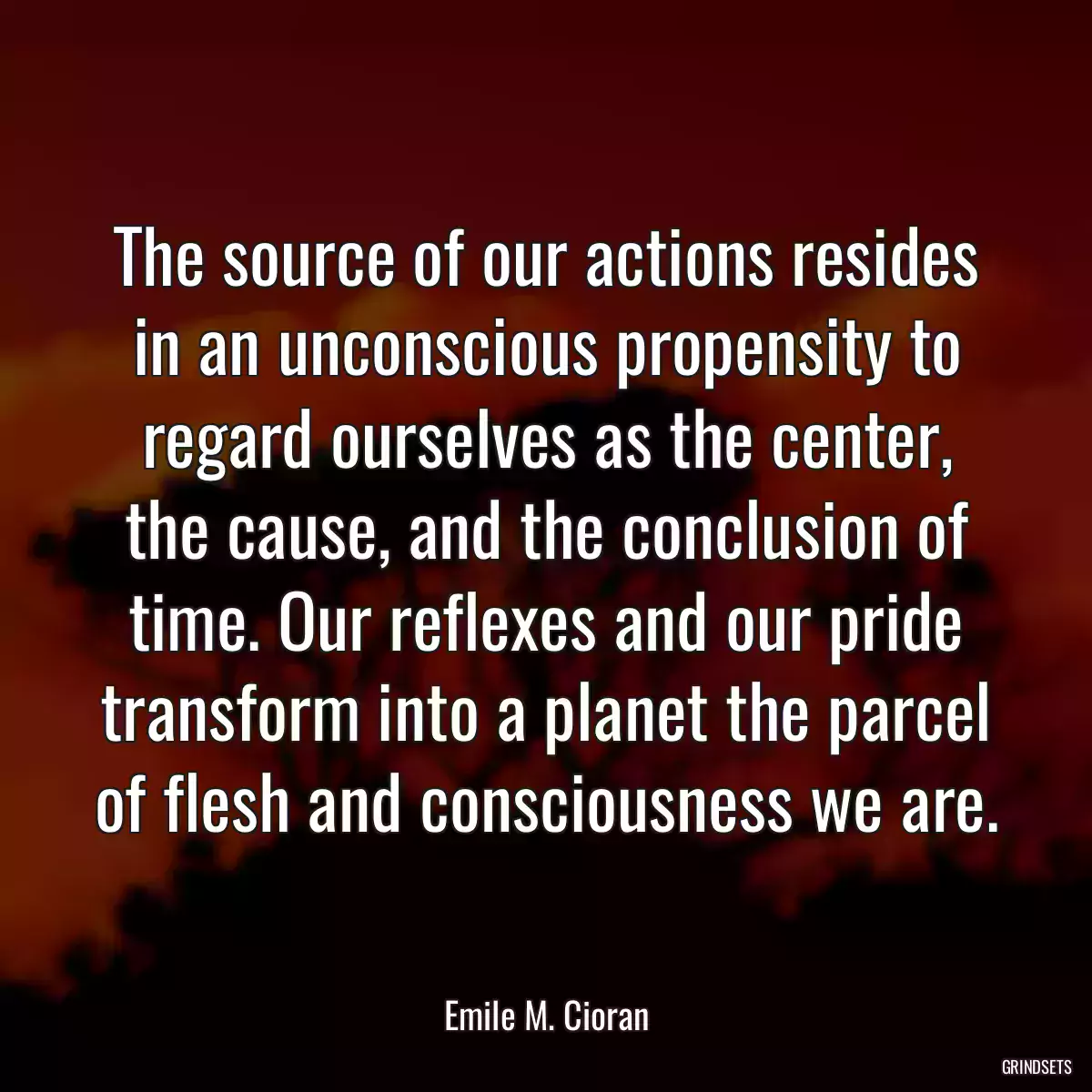 The source of our actions resides in an unconscious propensity to regard ourselves as the center, the cause, and the conclusion of time. Our reflexes and our pride transform into a planet the parcel of flesh and consciousness we are.