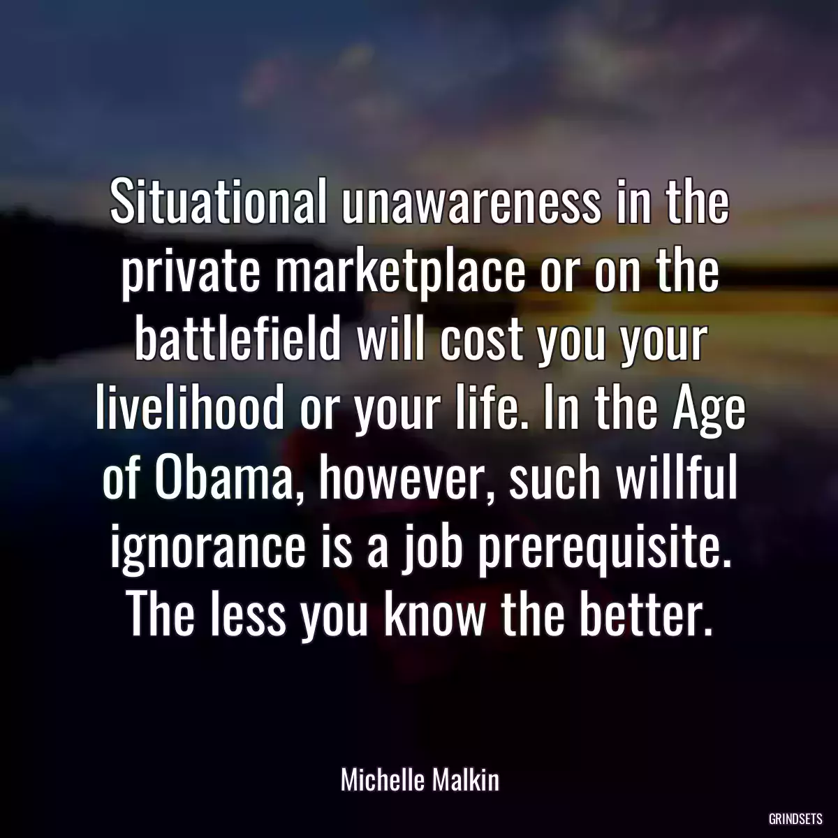 Situational unawareness in the private marketplace or on the battlefield will cost you your livelihood or your life. In the Age of Obama, however, such willful ignorance is a job prerequisite. The less you know the better.