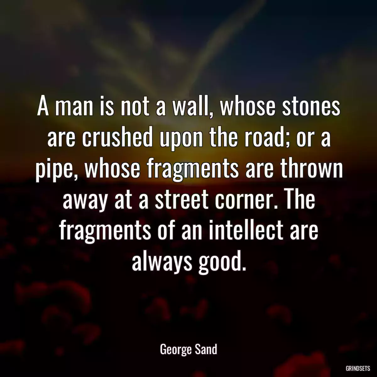 A man is not a wall, whose stones are crushed upon the road; or a pipe, whose fragments are thrown away at a street corner. The fragments of an intellect are always good.