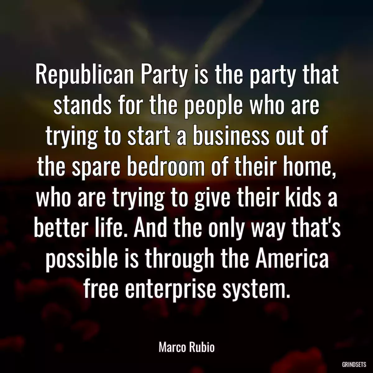 Republican Party is the party that stands for the people who are trying to start a business out of the spare bedroom of their home, who are trying to give their kids a better life. And the only way that\'s possible is through the America free enterprise system.