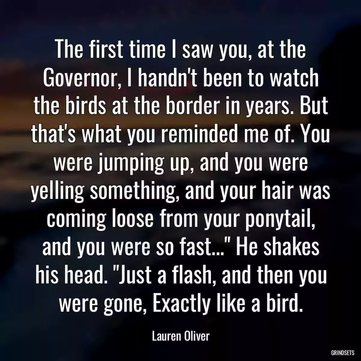 The first time I saw you, at the Governor, I handn\'t been to watch the birds at the border in years. But that\'s what you reminded me of. You were jumping up, and you were yelling something, and your hair was coming loose from your ponytail, and you were so fast...\