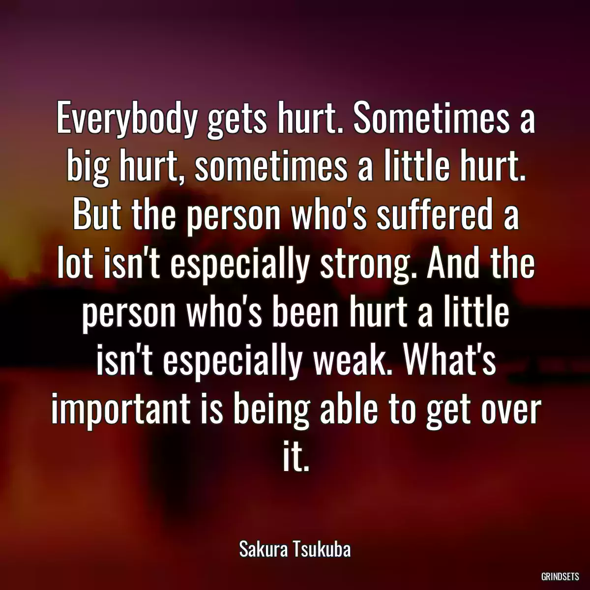 Everybody gets hurt. Sometimes a big hurt, sometimes a little hurt. But the person who\'s suffered a lot isn\'t especially strong. And the person who\'s been hurt a little isn\'t especially weak. What\'s important is being able to get over it.